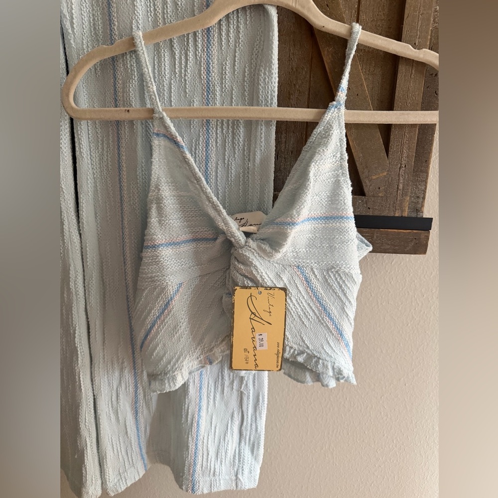 Light Blue Striped Knotted Crop Top. Perfect beach outfit or cover up.